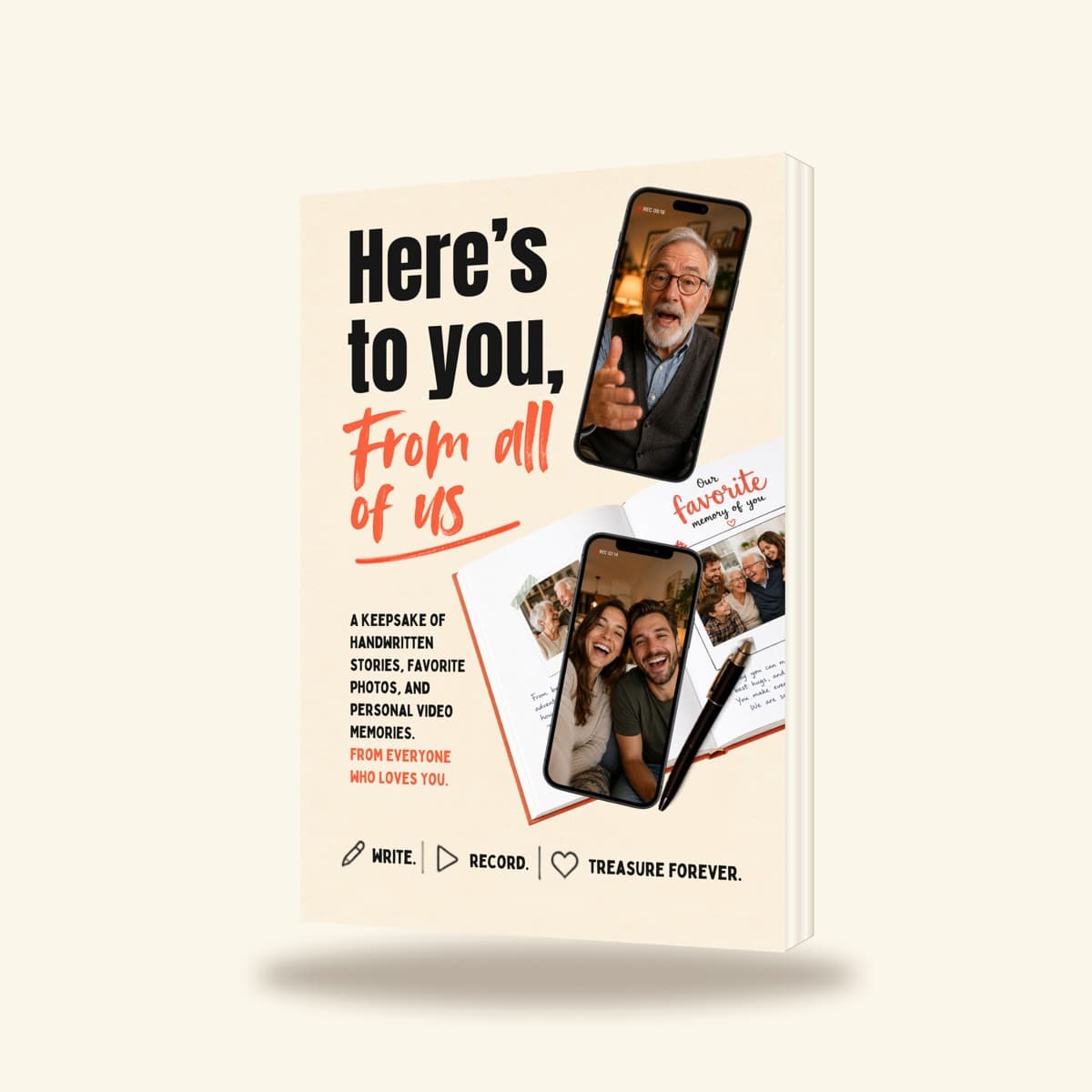 Here's to You, From All of Us: the hardcover book standing in three-quarter view