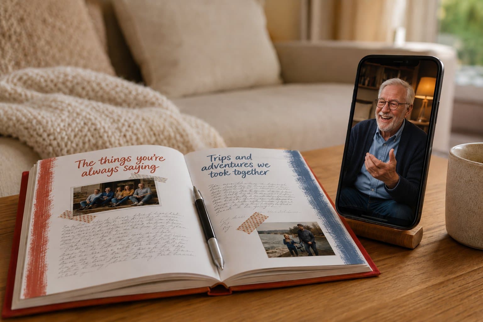 An open keepsake book with handwritten pages and taped-in photos, a phone beside it playing a video of a grandfather telling a story