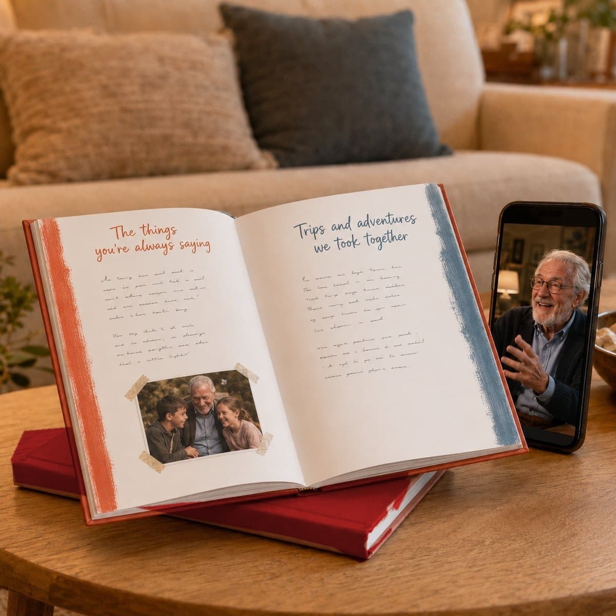 Both keepsake books stacked, the top one open to its designed pages, a phone beside them playing a video message