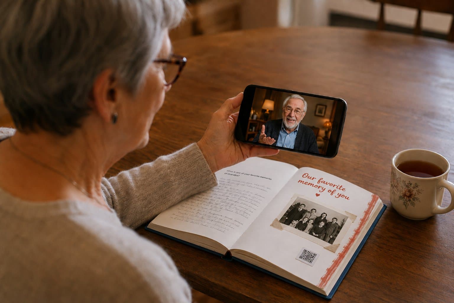 A woman holds her phone over an open keepsake book page and a video of her father begins to play