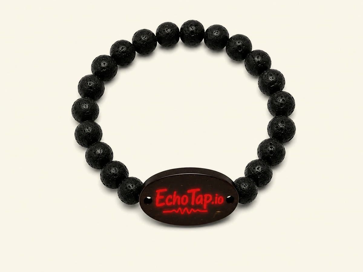 Black Lava EchoTap Friendship Bracelet with its coconut-shell tap tag