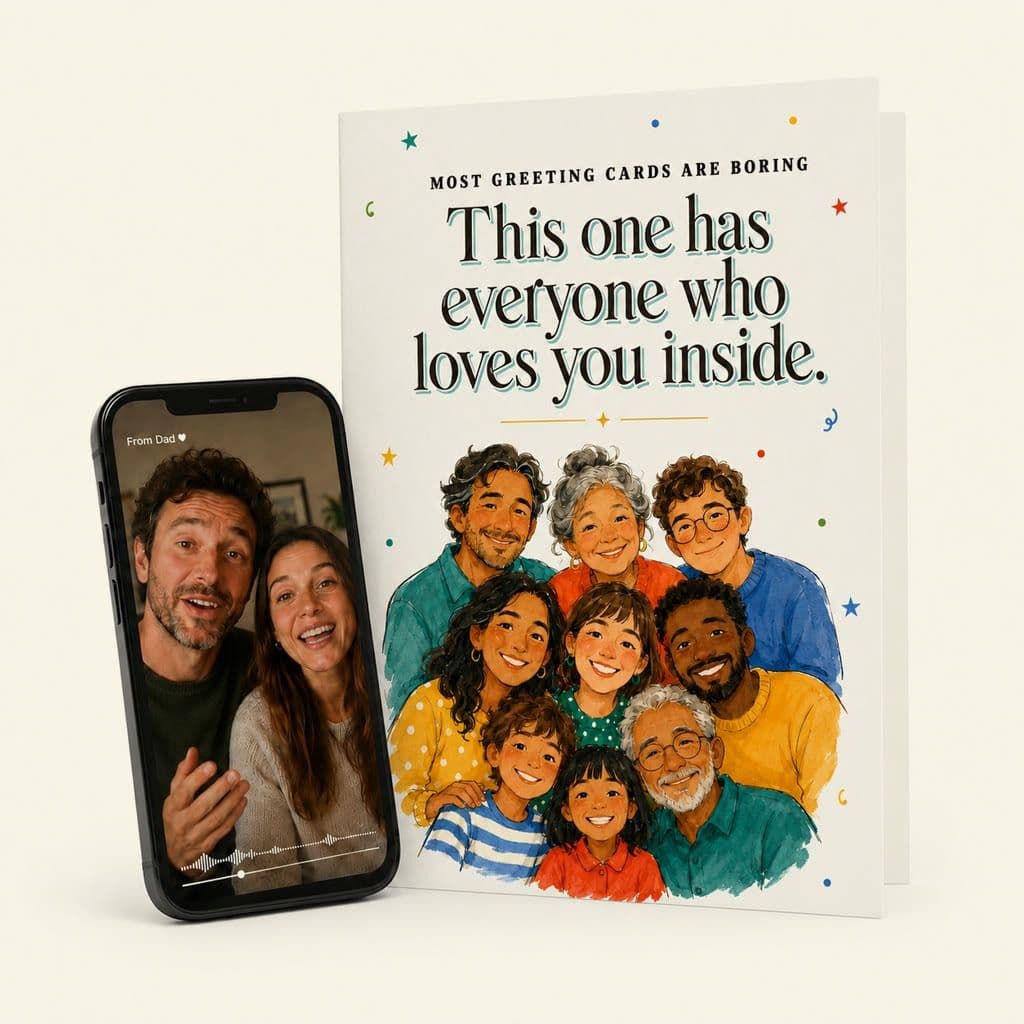 EchoTap All Occasion greeting card next to a phone playing a video message from Dad