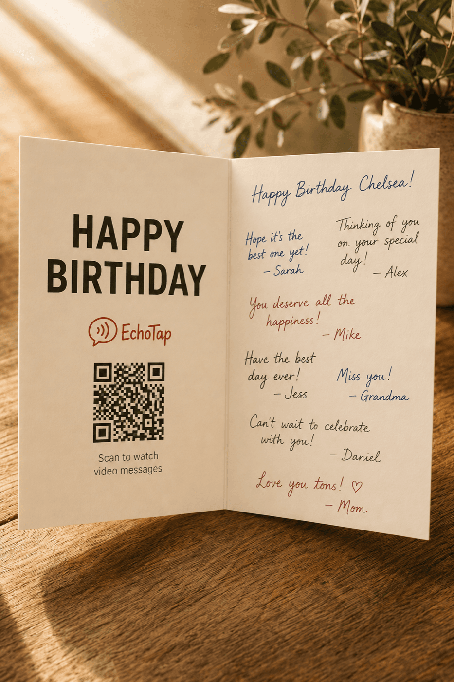 Open EchoTap greeting card showing Happy Birthday Chelsea with a QR code on the left page and handwritten signatures from family on the right page